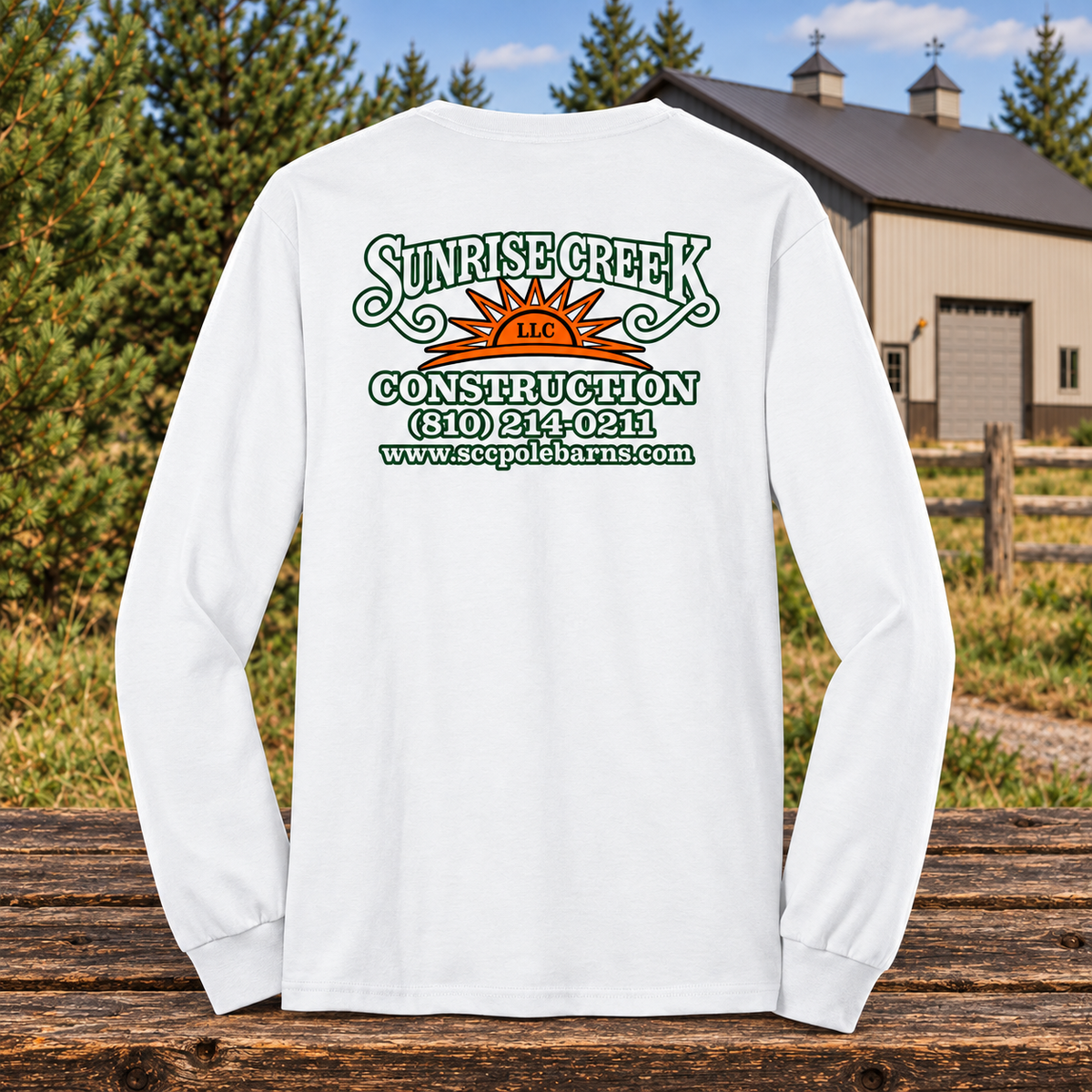 Sunrise Creek — PC55LS — White — Back — barn and timber mockup