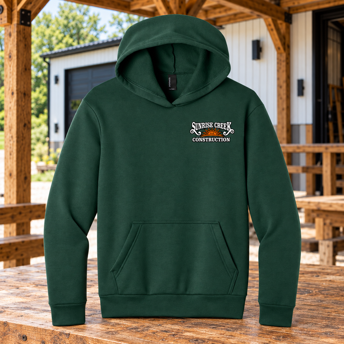 Sunrise Creek — PC68H — Dark Green — Front — barn and timber mockup