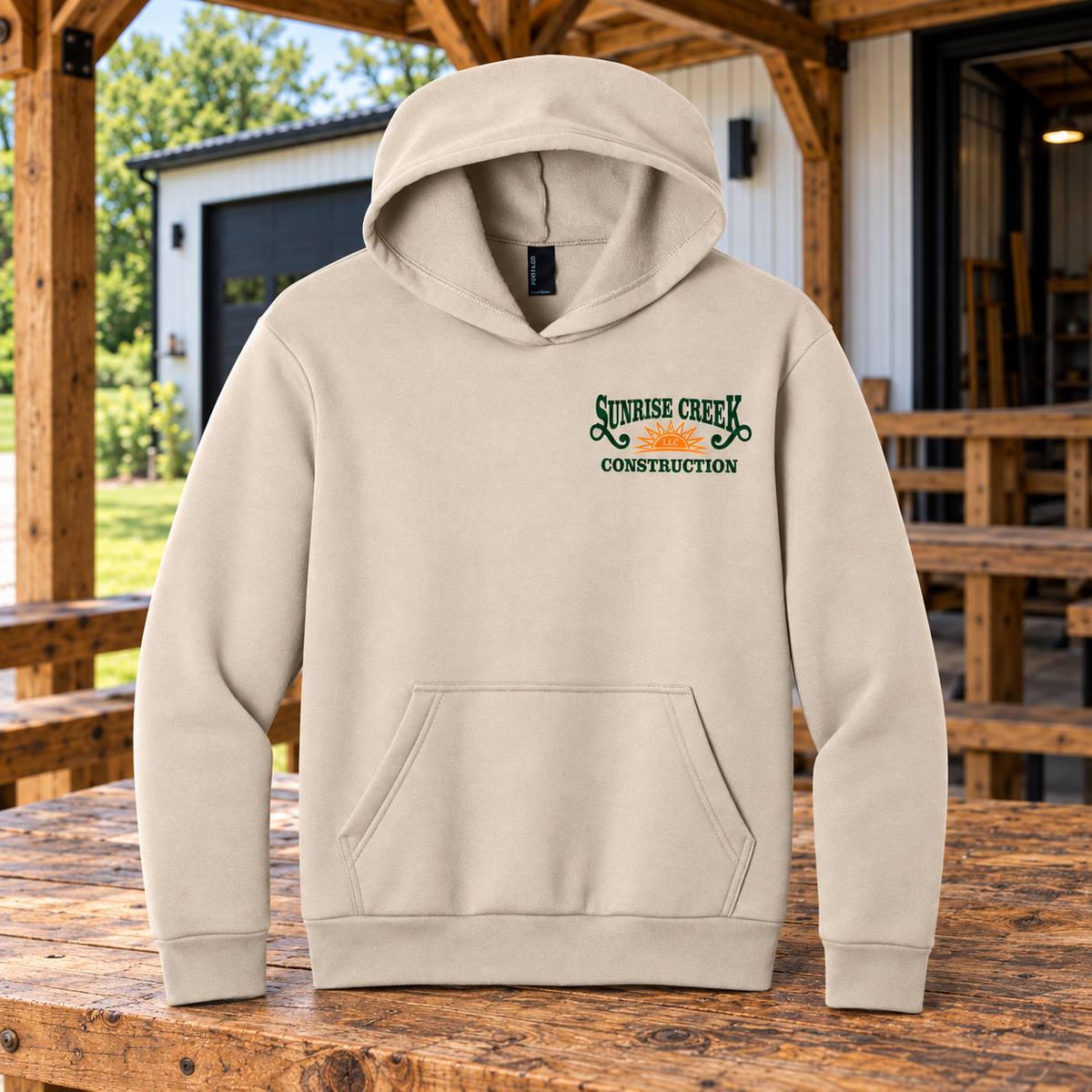 Sunrise Creek — PC68H — Light Sand — Front — barn and timber mockup