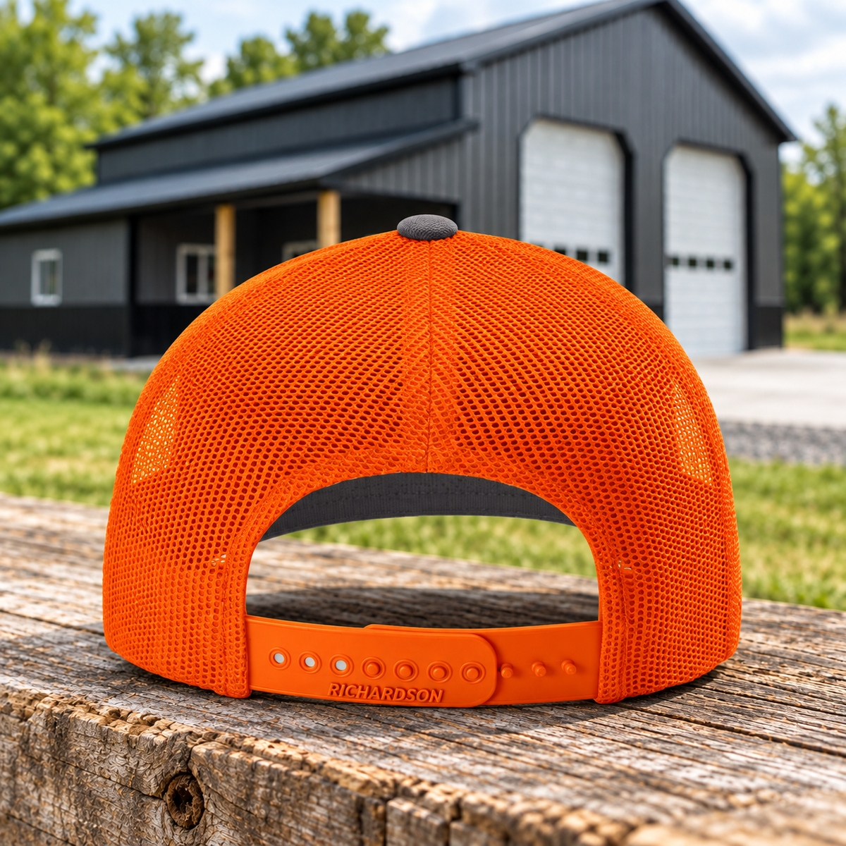 Sunrise Creek — 112-EMB — Charcoal / Orange — Back — barn and timber mockup