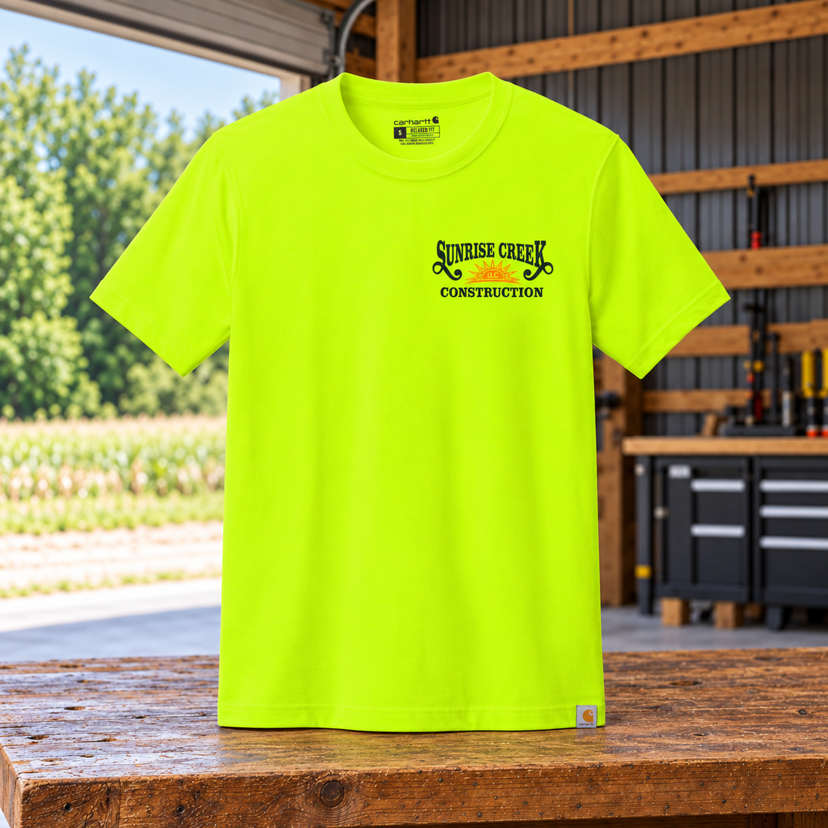 Sunrise Creek — CT106020 — Bright Lime — Front — barn and timber mockup