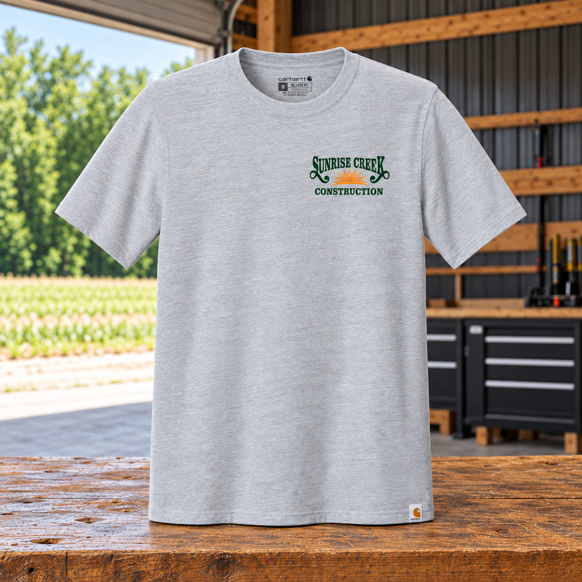 Sunrise Creek — CT106020 — Heather Grey — Front — barn and timber mockup