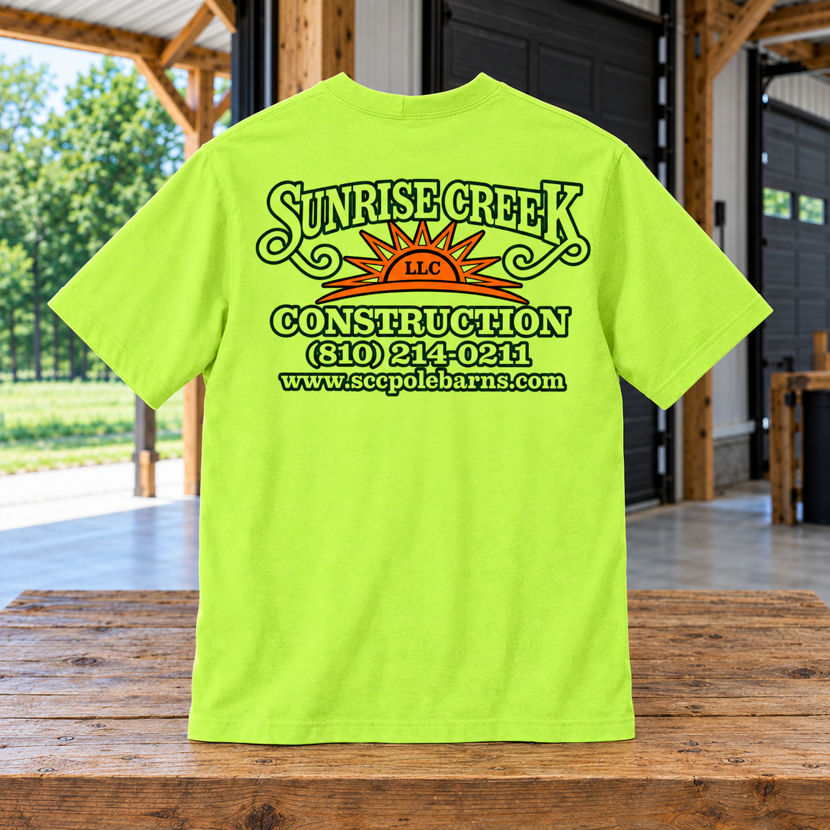 Sunrise Creek — CTK87 — Bright Lime — Back — barn and timber mockup