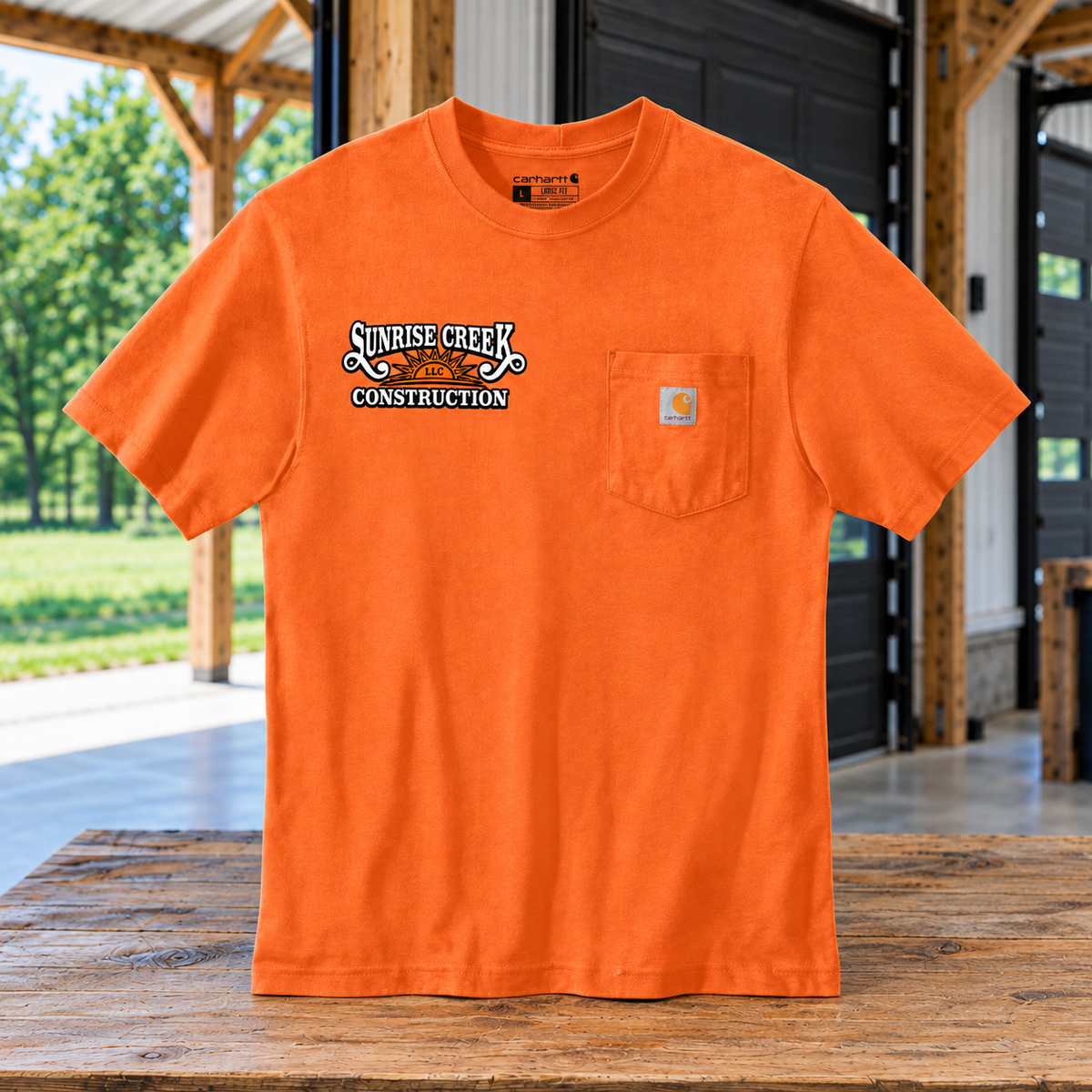 Sunrise Creek — CTK87 — Bright Orange — Front — barn and timber mockup