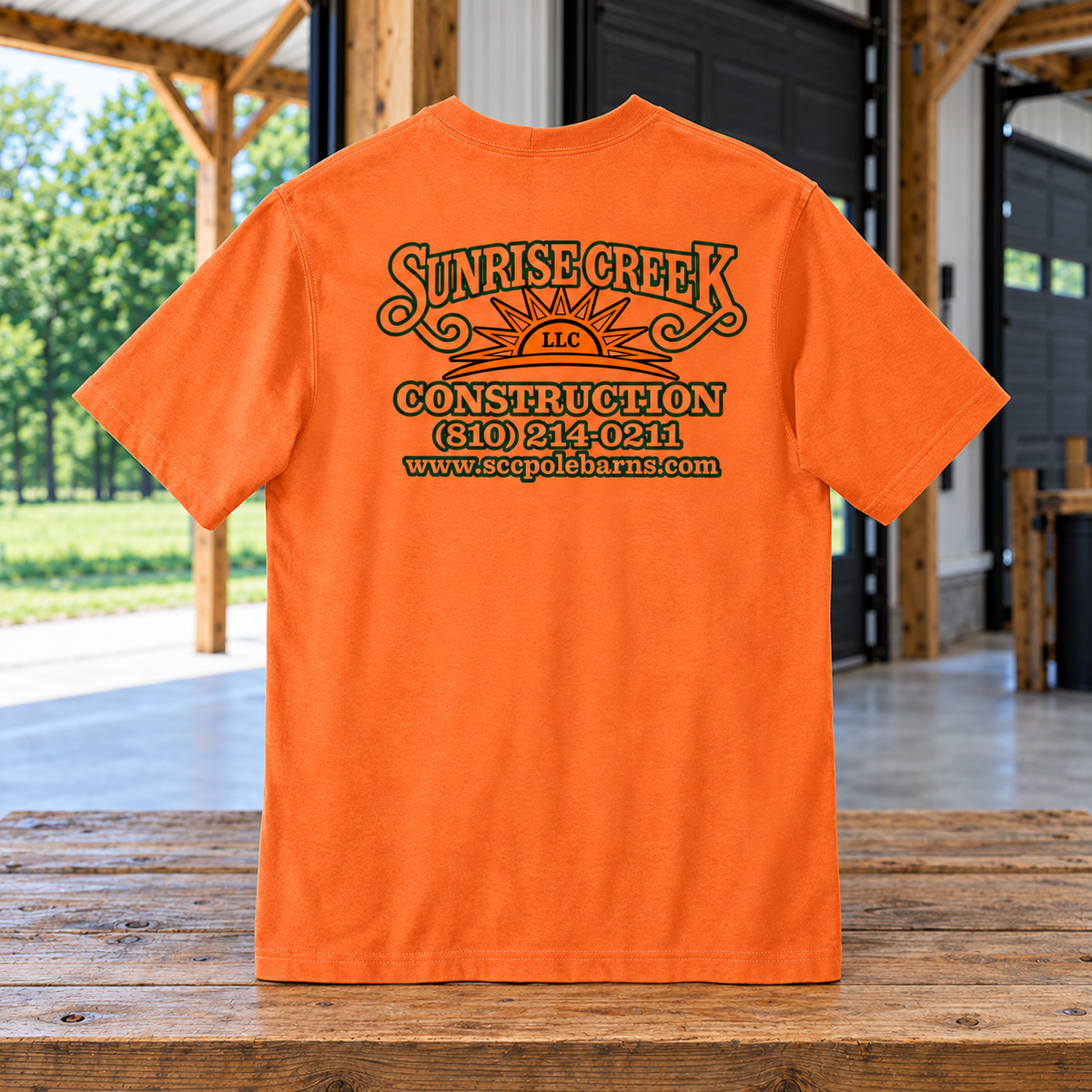 Sunrise Creek — CTK87 — Bright Orange — Back — barn and timber mockup