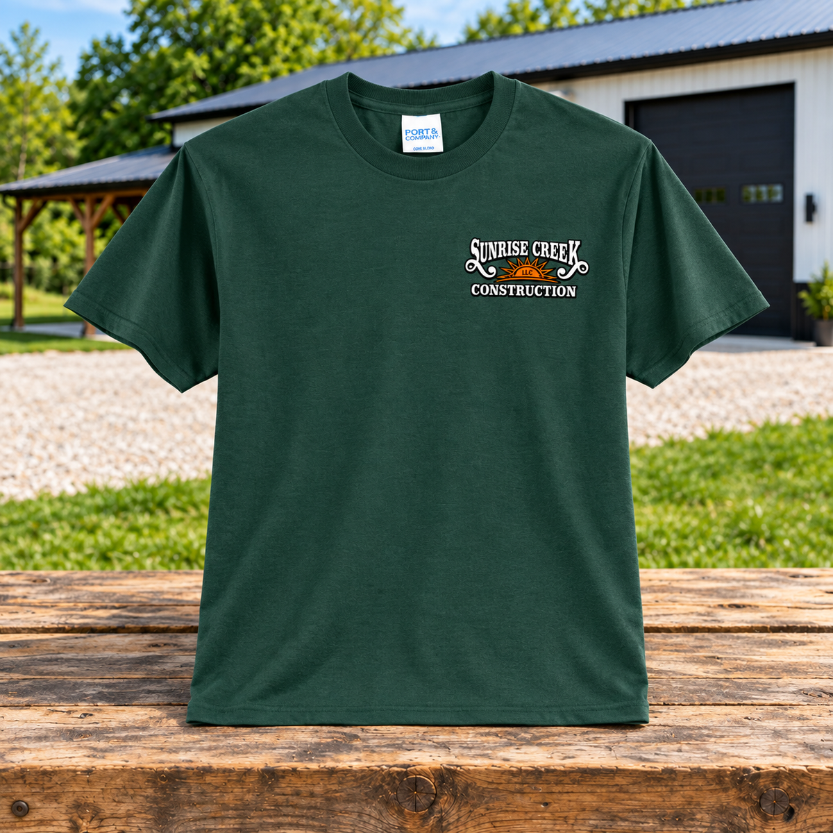 Sunrise Creek — PC55 — Dark Green — Front — barn and timber mockup