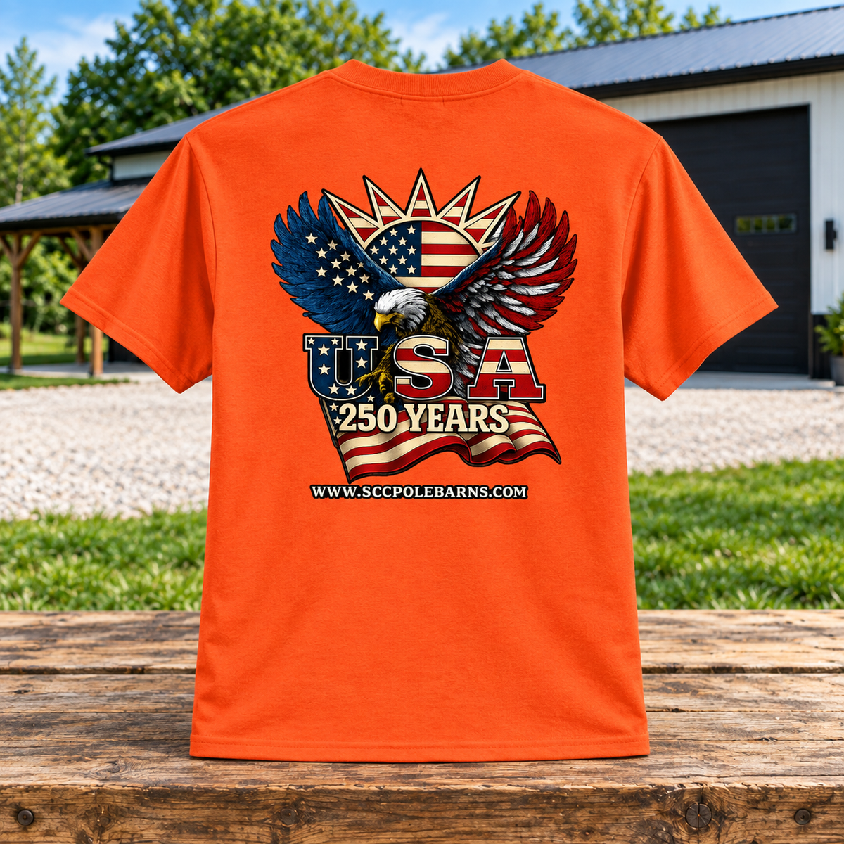Sunrise Creek — PC55 — Safety Orange — Back — barn and timber mockup