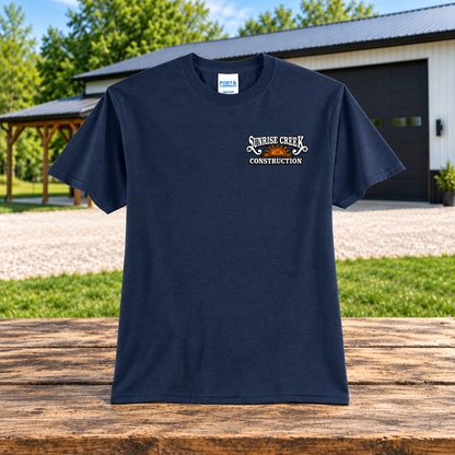 Sunrise Creek — PC55 — True Navy — Front — barn and timber mockup