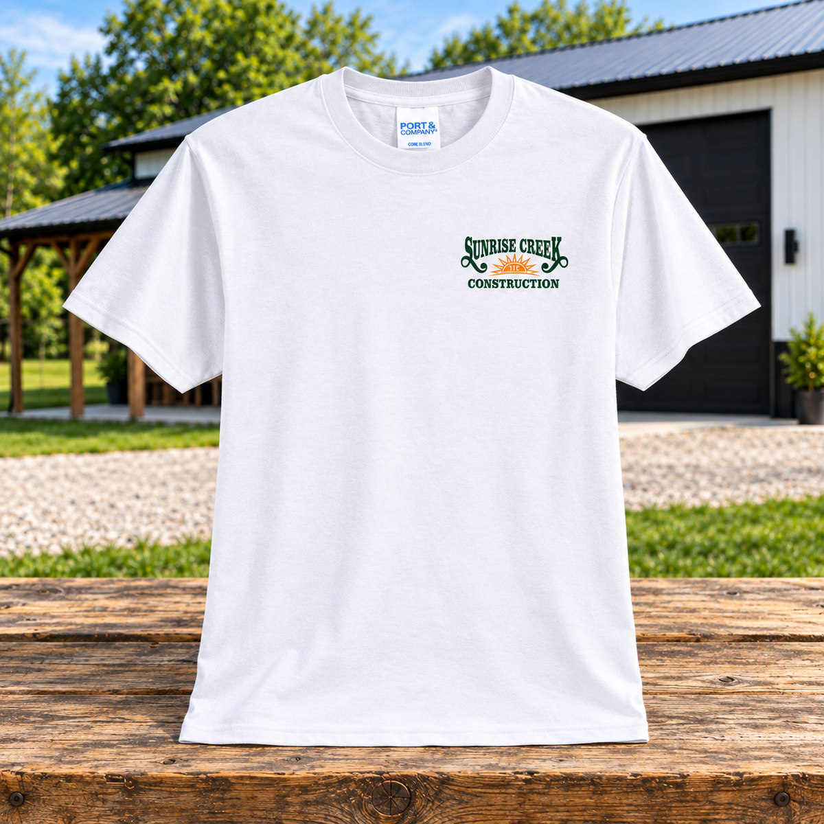 Sunrise Creek — PC55 — White — Front — barn and timber mockup