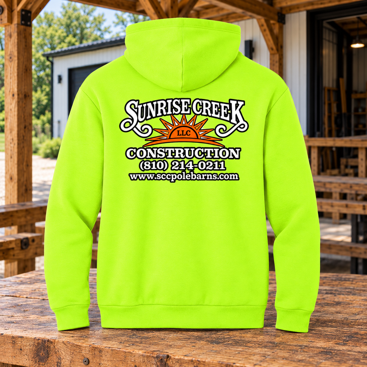 Sunrise Creek — PC68H — Safety Green — Back — barn and timber mockup