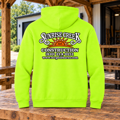 Sunrise Creek — PC68H — Safety Green — Back — barn and timber mockup