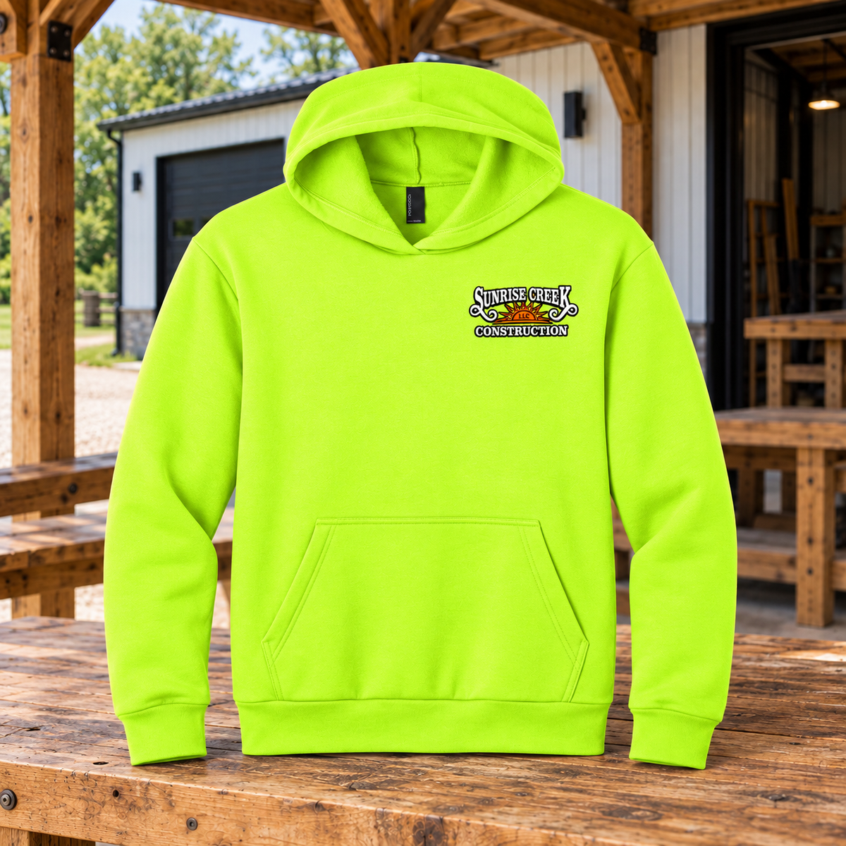 Sunrise Creek — PC68H — Safety Green — Front — barn and timber mockup