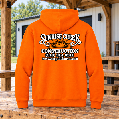 Sunrise Creek — PC68H — Safety Orange — Back — barn and timber mockup