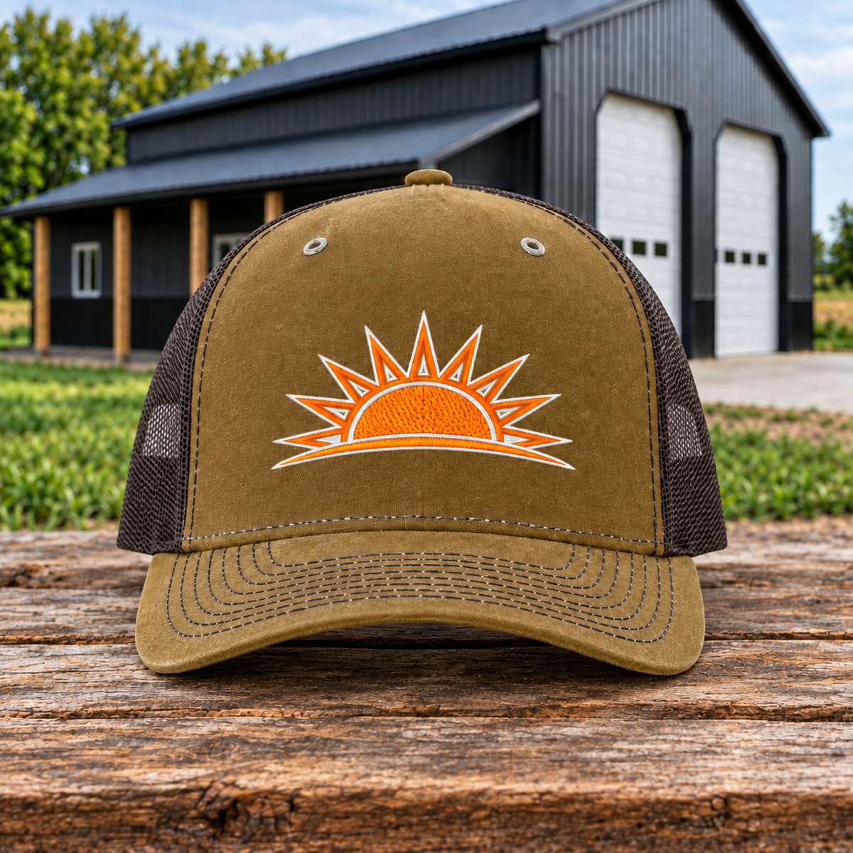 Sunrise Creek 112WH Whiskey Brown Front — corrected barn-and-timber product mockup