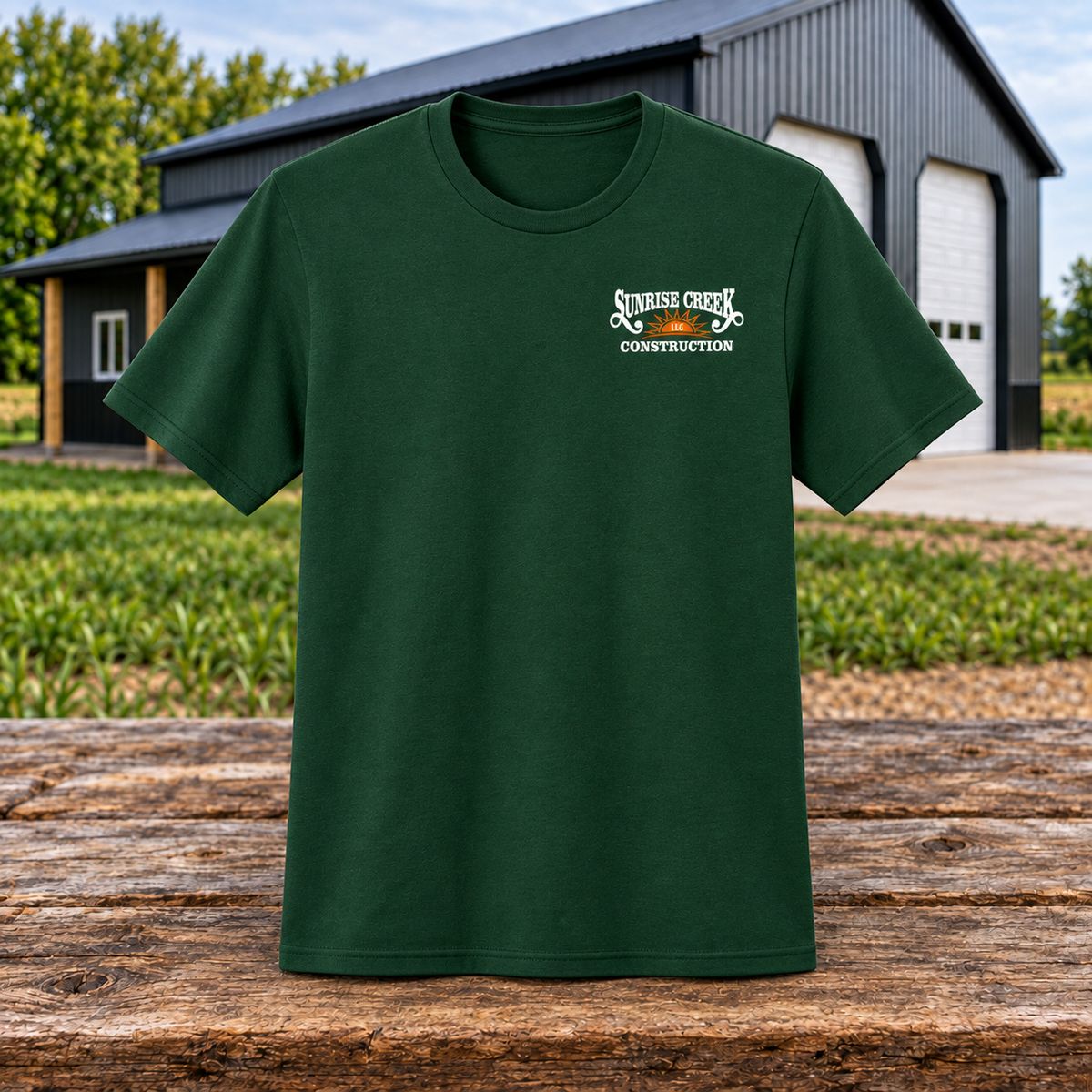 Sunrise Creek 29M — Forest Green — Front — barn and timber product mockup