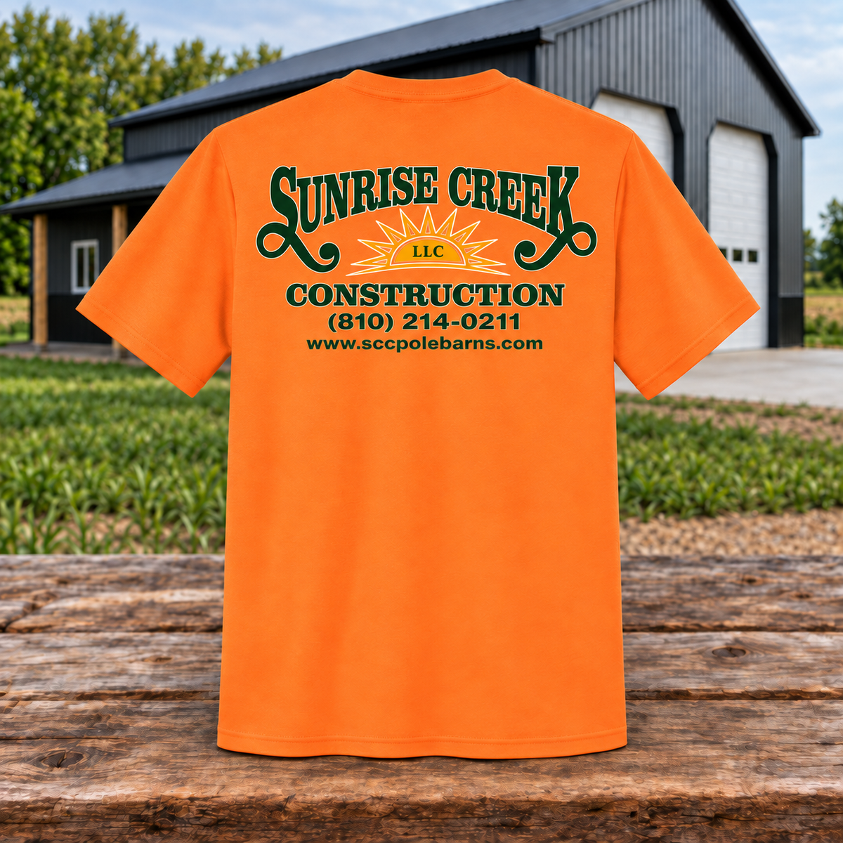Sunrise Creek 29M Safety Orange Back — corrected barn-and-timber product mockup