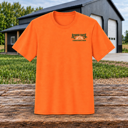 Sunrise Creek 29M Safety Orange Front — corrected barn-and-timber product mockup