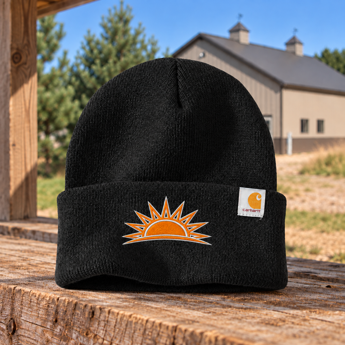 Sunrise Creek CT104597 in Black — front view against a pole barn and weathered timber