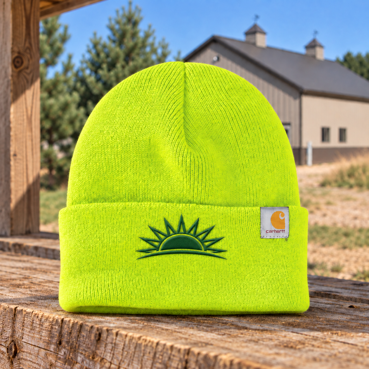 Sunrise Creek CT104597 in Bright/Lime — front view against a pole barn and weathered timber