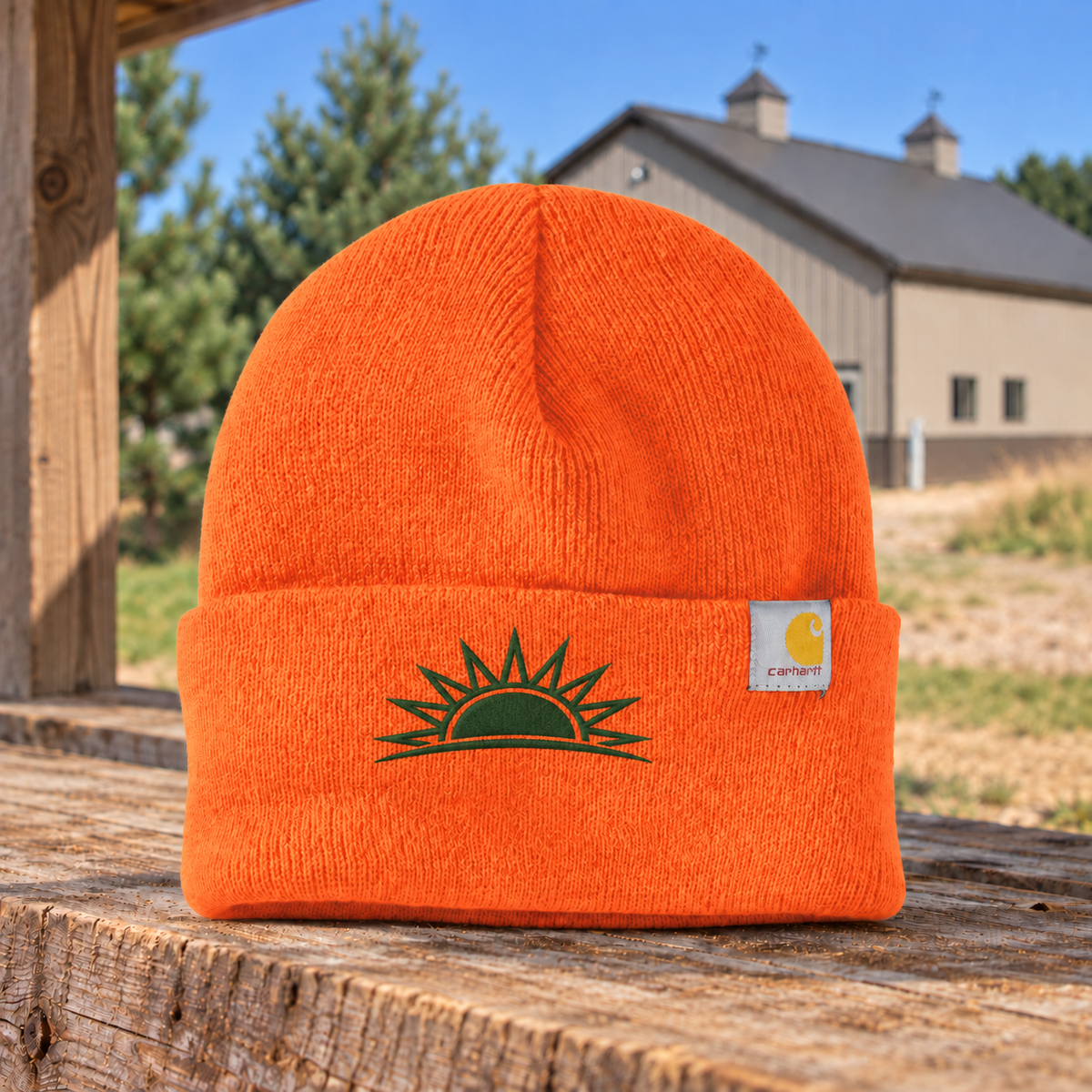Sunrise Creek CT104597 in Bright/Orange — front view against a pole barn and weathered timber