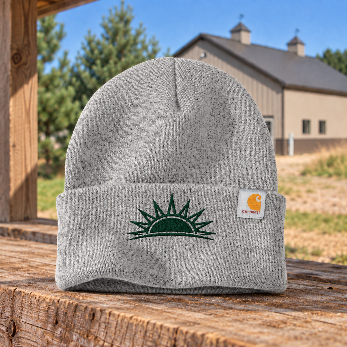 Sunrise Creek CT104597 in Heather/Grey — front view against a pole barn and weathered timber