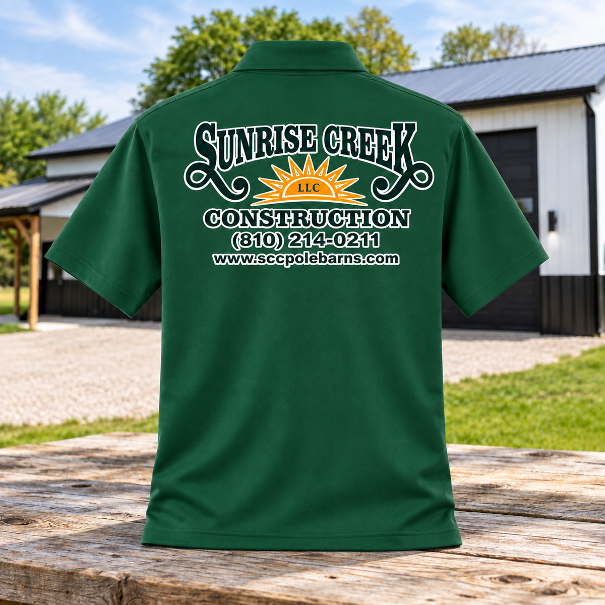 Sunrise Creek K110 in Deep/Forest/Green — back view against a pole barn and weathered timber