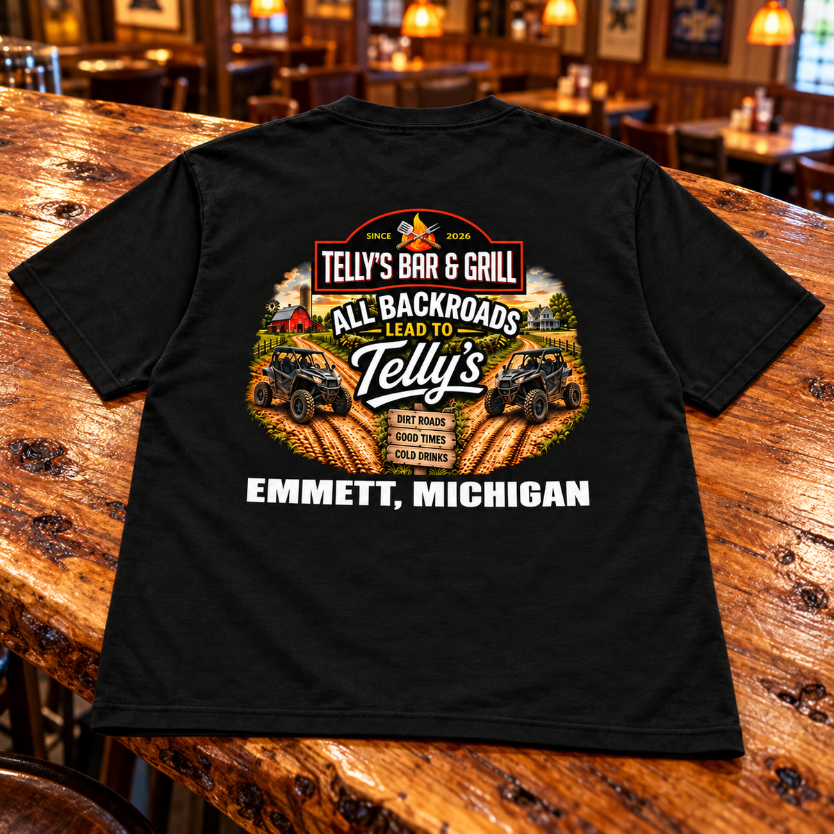 Black | Back | With Emmett, Michigan | Telly's PC55-backroads-back on a wood bar top
