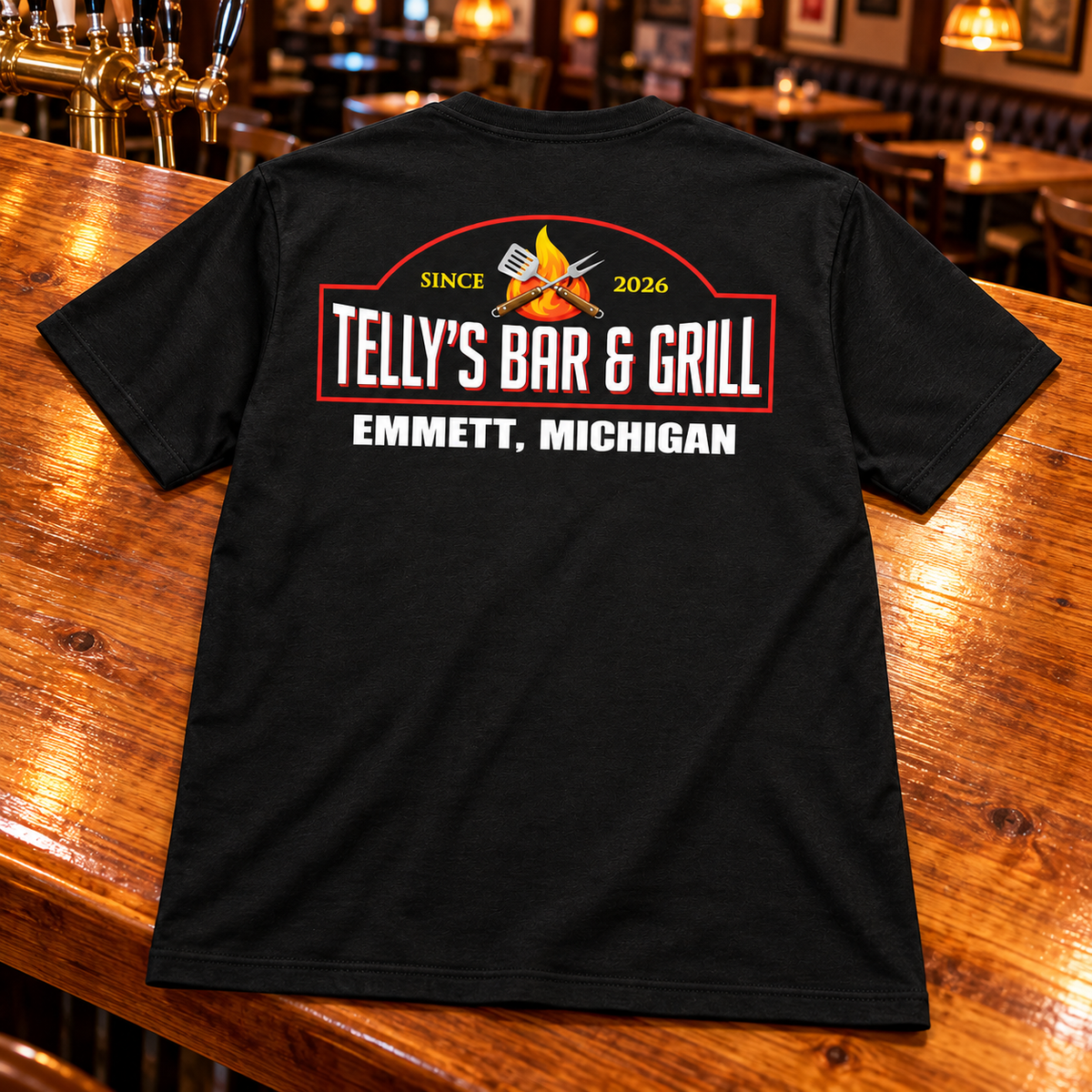 Black | Back | With Emmett, Michigan | Telly's PC55-classic-back on a wood bar top