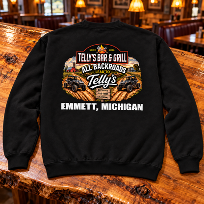 Black | Back | With Emmett, Michigan | Telly's PC78-backroads-back on a wood bar top