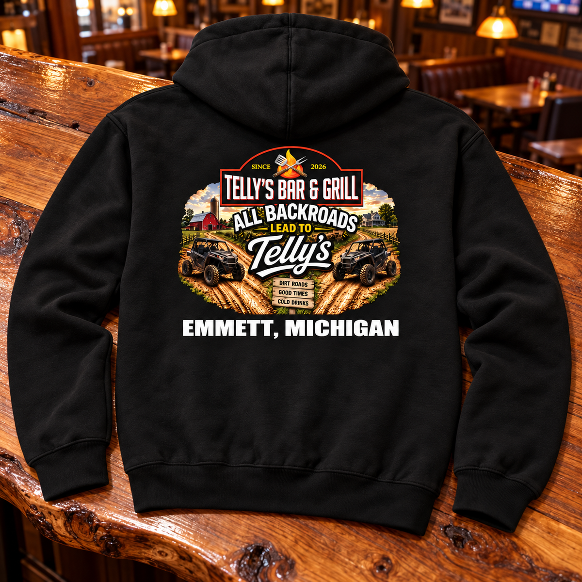 Black | Back | With Emmett, Michigan | Telly's PC78H-backroads-back on a wood bar top