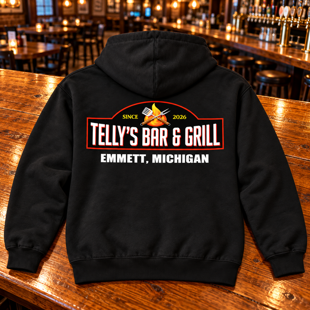 Black | Back | With Emmett, Michigan | Telly's PC78H-classic-back on a wood bar top