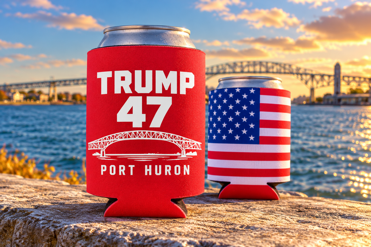 Blue Water 47 can cooler: printed solid red front and untouched American flag back