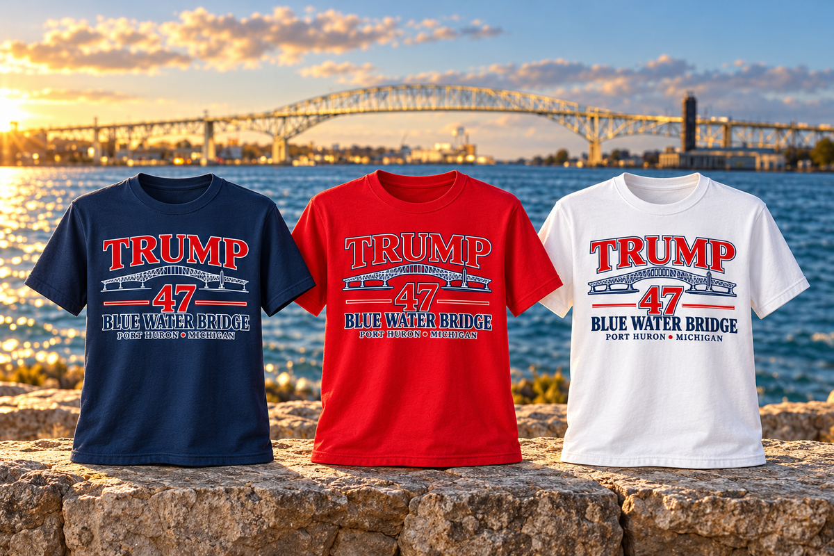 Blue Water Bridge 47 on navy, red and white shirts in an illustrative scenic product mockup