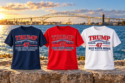 Blue Water Bridge 47 on navy, red and white shirts in an illustrative scenic product mockup