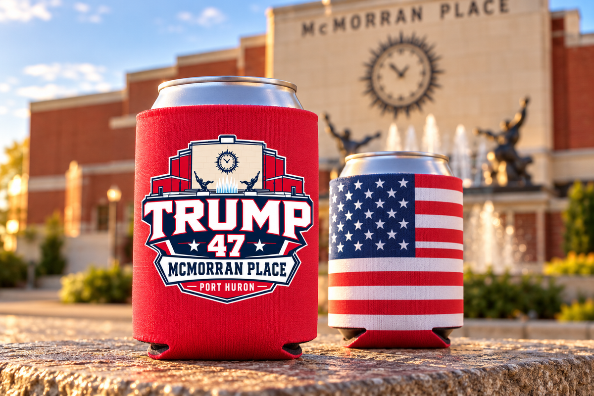 McMorran 47 can cooler: printed solid red front and untouched American flag back