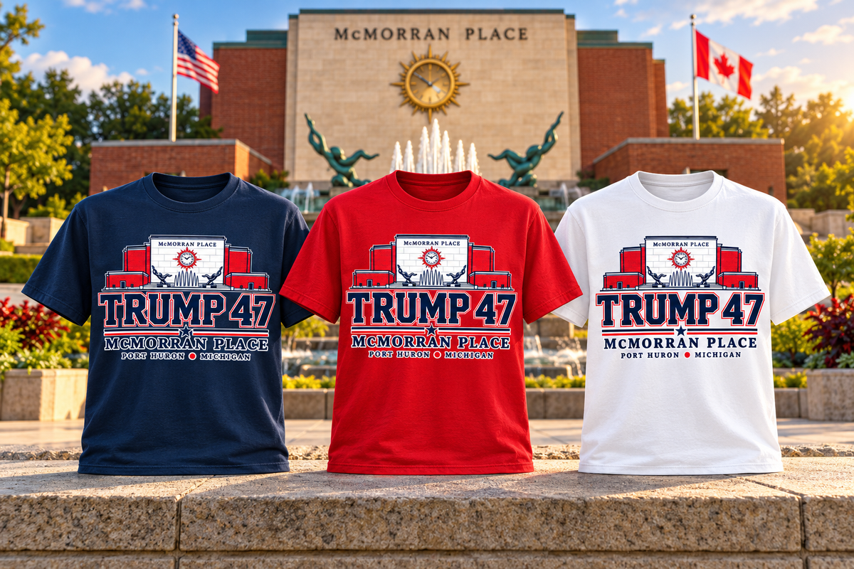 McMorran Architectural shirts in navy red and white with McMorran Place backdrop
