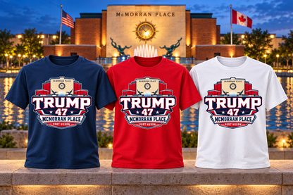McMorran Arena Badge shirts against McMorran Place at blue hour