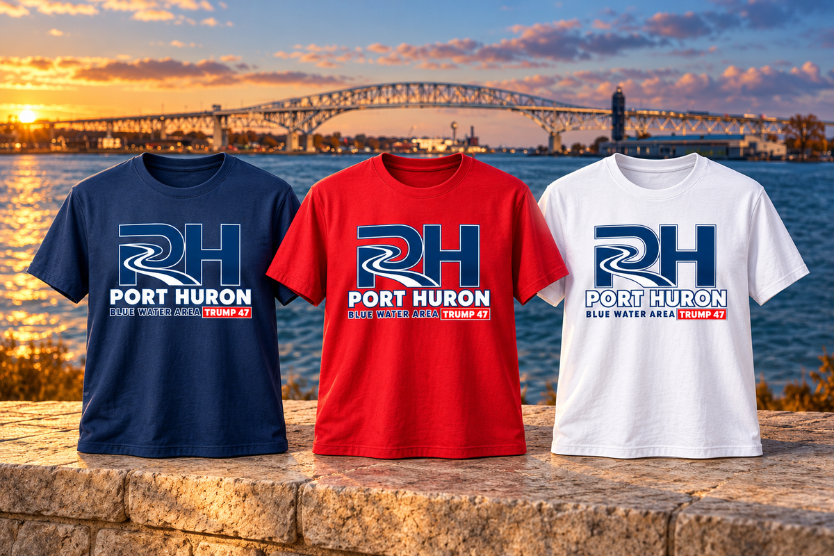 Port Huron Modern on navy, red and white shirts in an illustrative scenic product mockup