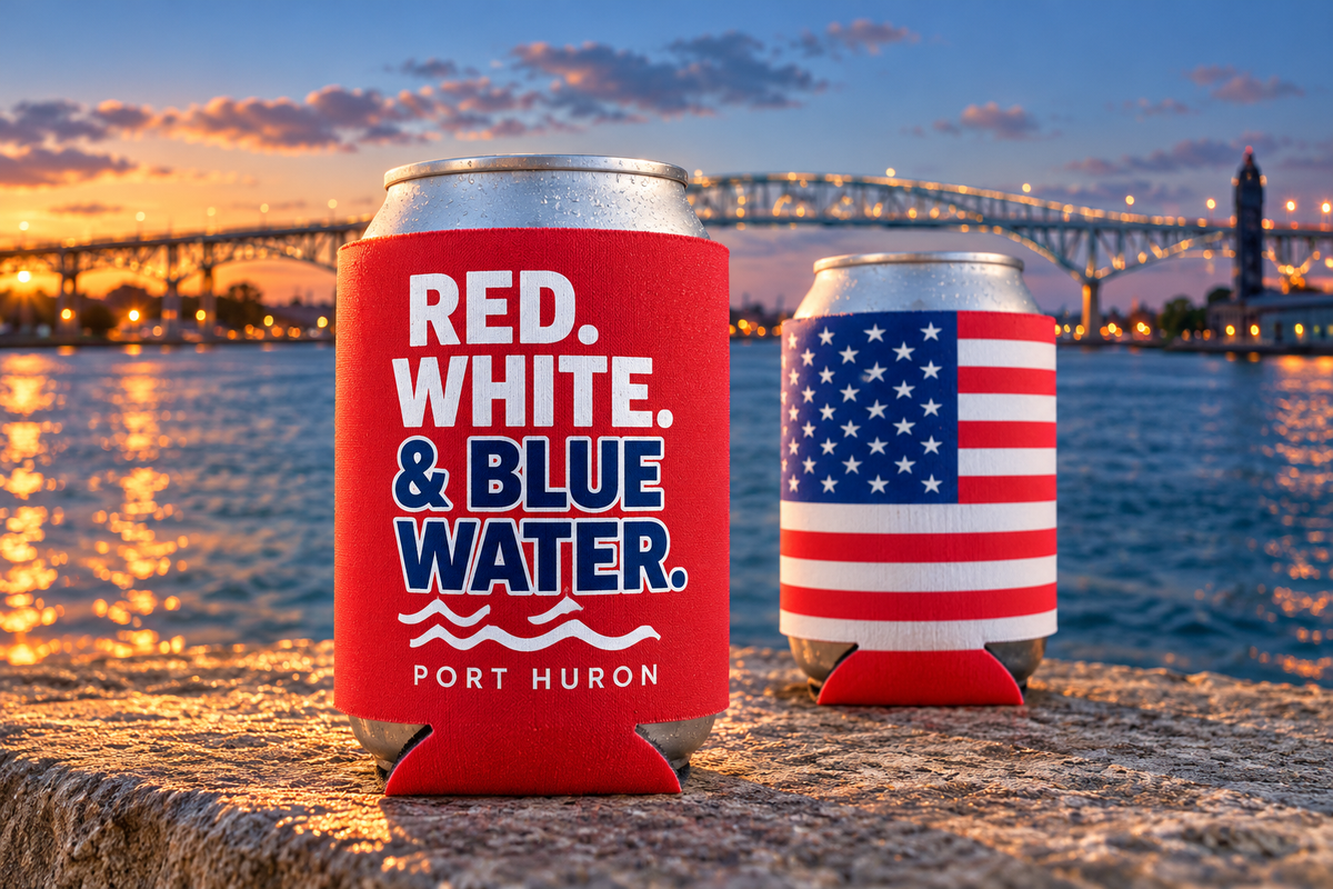 Red White & Blue Water can cooler: printed solid red front and untouched American flag back