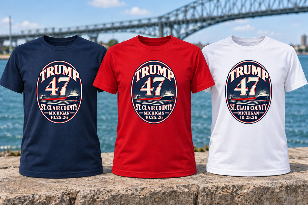 St. Clair County PC55 shirts in navy, red and white with reduced print size