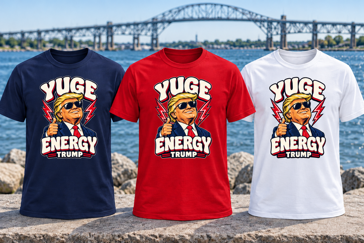 Yuge Energy PC55 shirts in navy, red and white with reduced print size