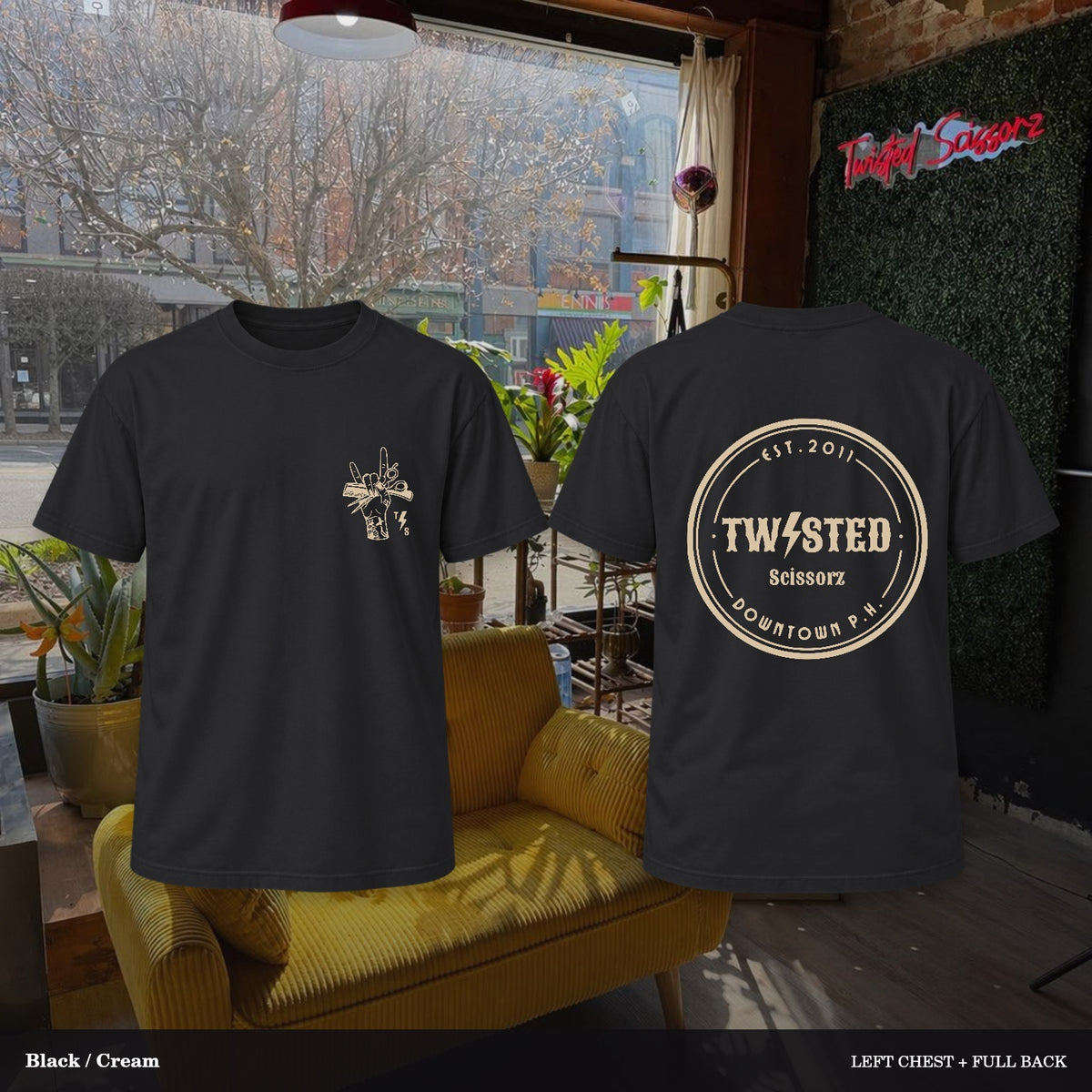 Twisted Scissorz Comfort Colors 1717 — Black, Cream artwork; left-chest crest and full back in the salon