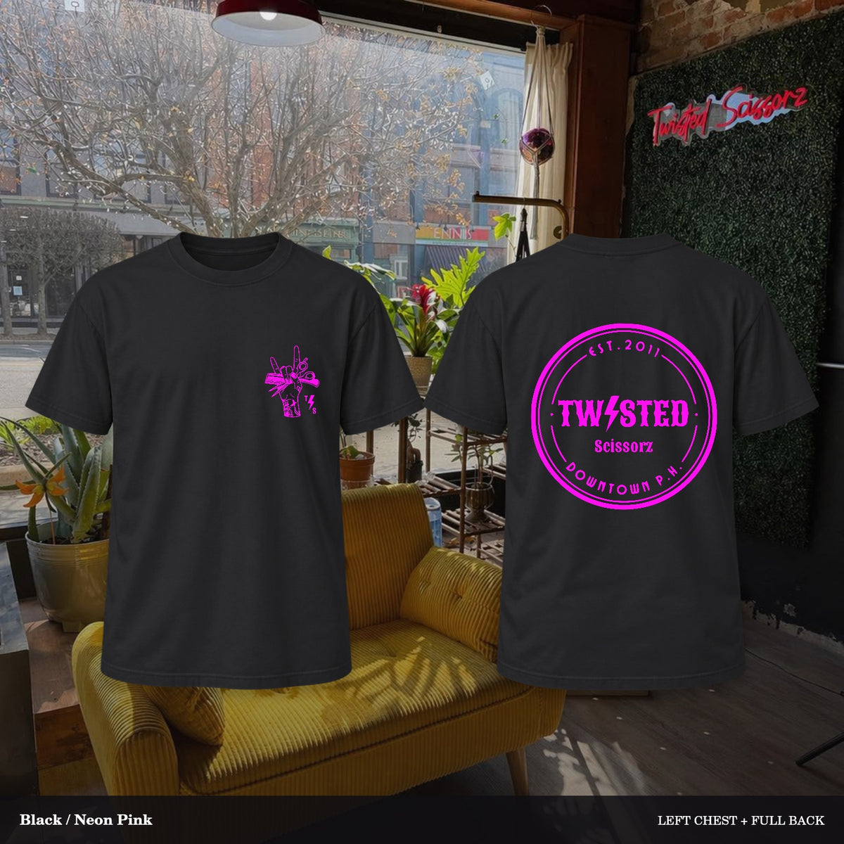 Twisted Scissorz Comfort Colors 1717 — Black, Neon Pink artwork; left-chest crest and full back in the salon