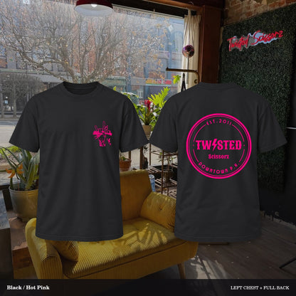Twisted Scissorz Comfort Colors 1717 — Black, Hot Pink artwork; left-chest crest and full back in the salon
