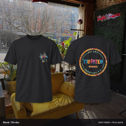Twisted Scissorz Comfort Colors 1717 — Black, Tie-dye artwork; left-chest crest and full back in the salon