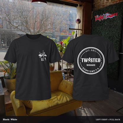 Twisted Scissorz Comfort Colors 1717 — Black, White artwork; left-chest crest and full back in the salon