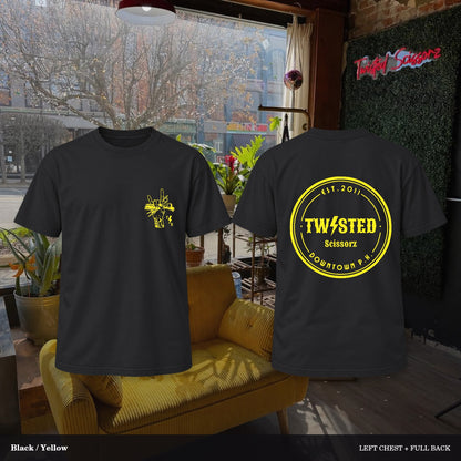 Twisted Scissorz Comfort Colors 1717 — Black, Yellow artwork; left-chest crest and full back in the salon