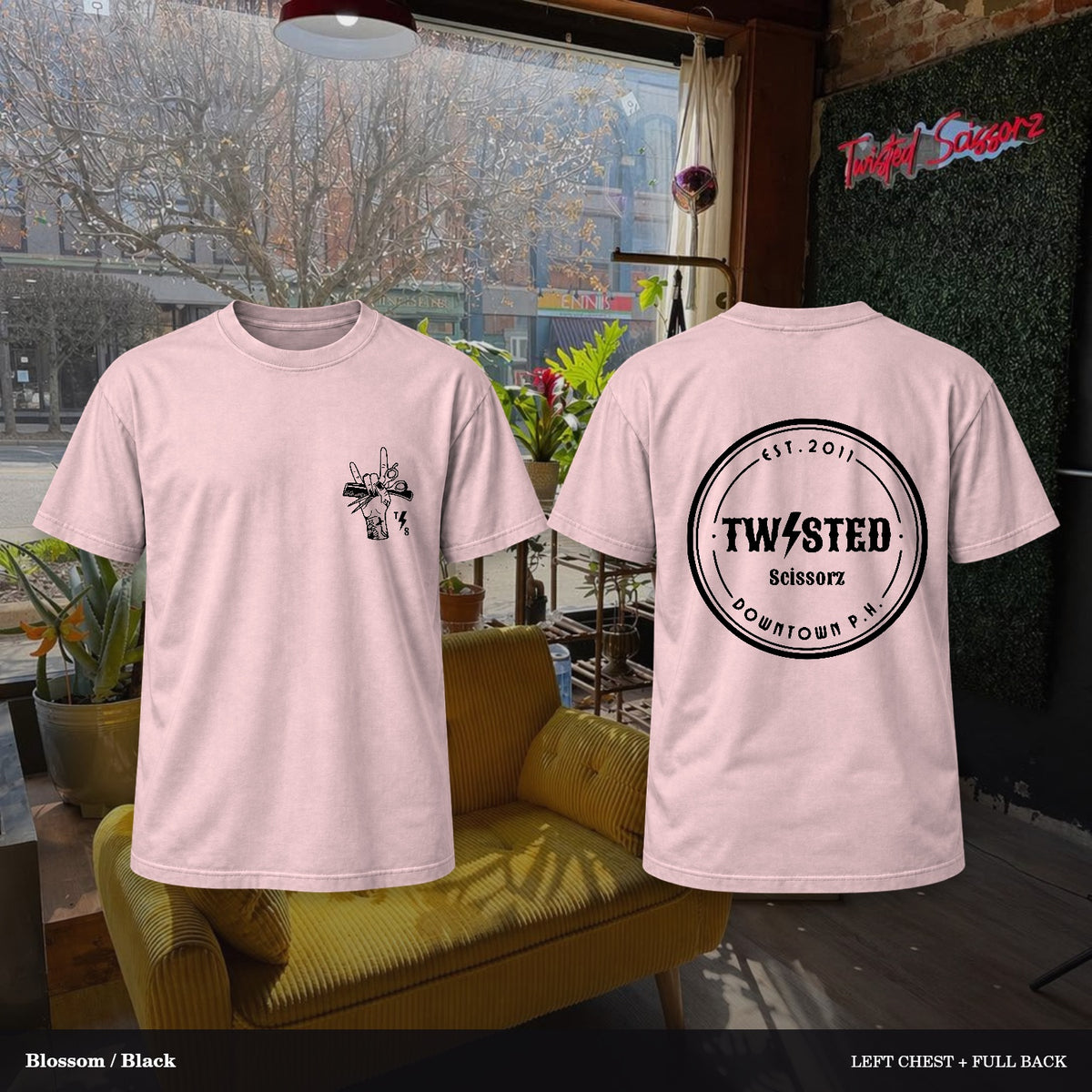 Twisted Scissorz Comfort Colors 1717 — Blossom, Black artwork; left-chest crest and full back in the salon
