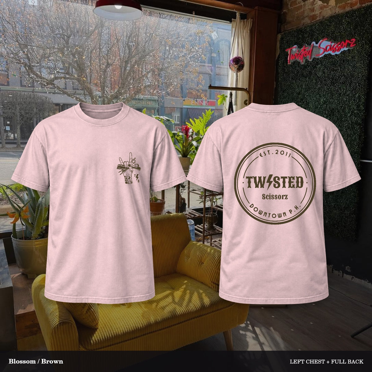 Twisted Scissorz Comfort Colors 1717 — Blossom, Brown artwork; left-chest crest and full back in the salon