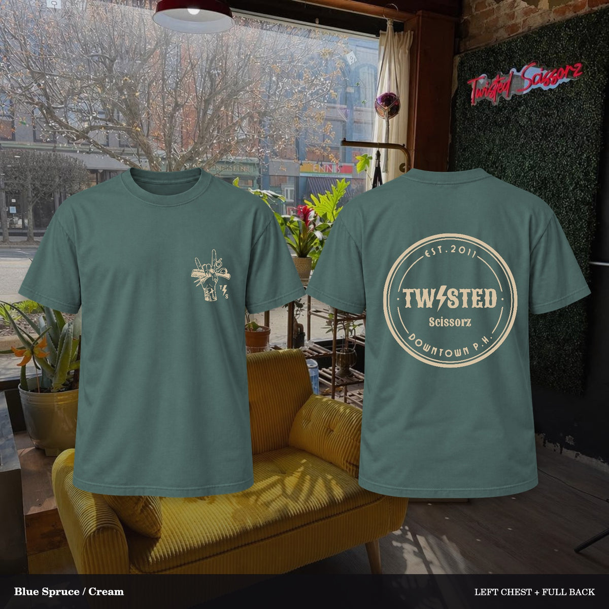 Twisted Scissorz Comfort Colors 1717 — Blue Spruce, Cream artwork; left-chest crest and full back in the salon